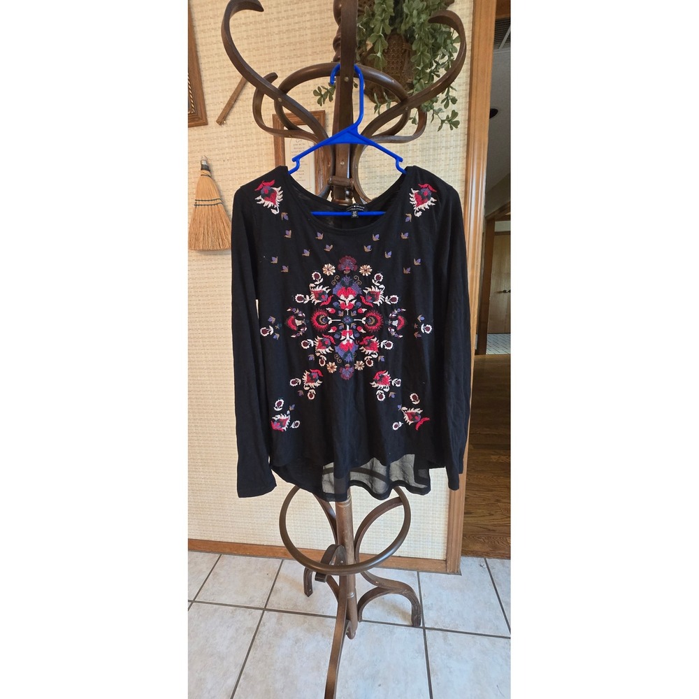 Lucky Brand Black Embroidered Long Sleeve Boho Top with Sheer High Low Hem Small